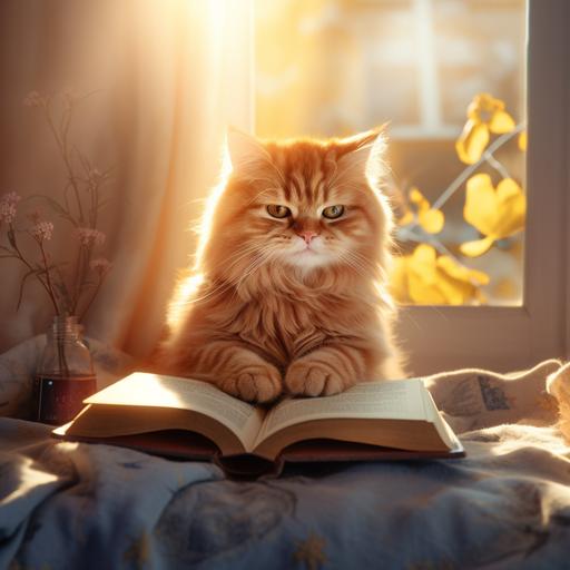 suggest a photo of a beautiful ginger cat reading a book while sitting on the floor, warm sunrise, cartoon style, high quality, realistic photo, positive mood, golden hour, in blue color, ar 3:2