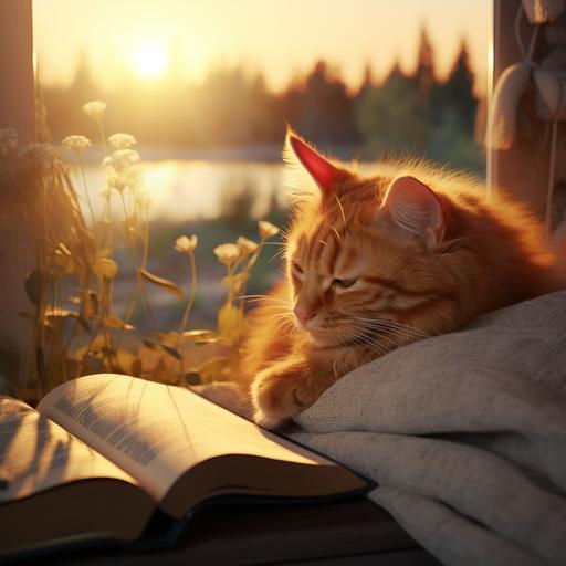 suggest a photo of a beautiful ginger cat reading a book hanging from a pillow, warm sunrise, romantic atmosphere, high quality, realistic photo, positive mood, golden hour, in blue color, ar 3:2