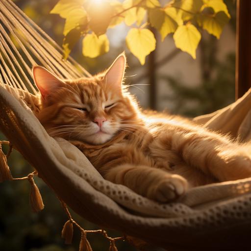 suggest a photo of a beautiful ginger cat reading a book lying on a hammock, warm sunrise, romantic atmosphere, high quality, realistic photo, positive mood, golden hour, in blue color, ar 3:2