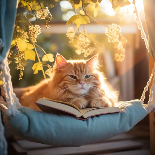 suggest a photo of a beautiful ginger cat reading a book hanging from a pillow, warm sunrise, romantic atmosphere, high quality, realistic photo, positive mood, golden hour, in blue color, ar 3:2