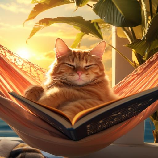 suggest a photo of a beautiful ginger cat reading a book lying on a hammock, warm sunrise, cartoon style, high quality, realistic photo, positive mood, golden hour, in blue color, ar 3:2
