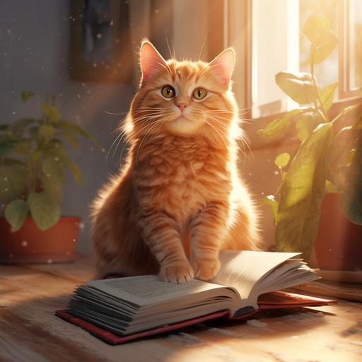 suggest a photo of a beautiful ginger cat reading a book while sitting on the floor, warm sunrise, cartoon style, high quality, realistic photo, positive mood, golden hour, in blue color, ar 3:2
