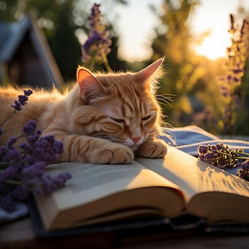 suggest a photo of a beautiful ginger cat reading a book lying on its back, warm sunrise, romantic atmosphere, high quality, realistic photo, positive mood, golden hour, in blue color, ar 3:2