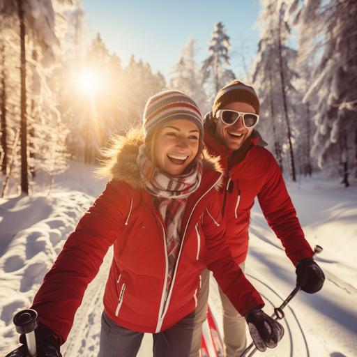 young couple rides in the forest on cross-country skis, you can see the snow-covered forest, people are smiling, they are wearing red jackets, the photo shows full figures, you can see snow-covered trees in the background, the sun's rays are piercing, hypernatural photo, warm light, wide frame