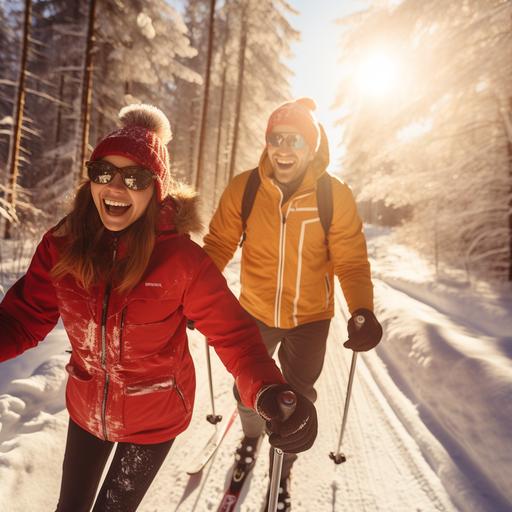 young couple rides in the forest on cross-country skis, you can see the snow-covered forest, people are smiling, they are wearing red jackets, the photo shows full figures, you can see snow-covered trees in the background, the sun's rays are piercing, hypernatural photo, warm light, wide frame