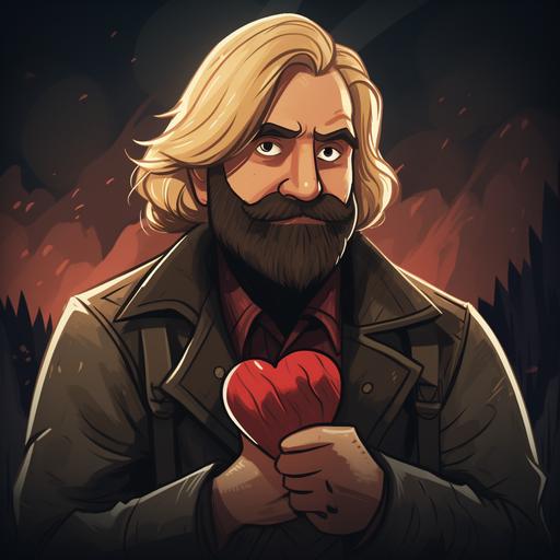 nandor from what we do in the shadows looking at hearts, big blond man with beard named Steve,hearts, cartoon Pixar style
