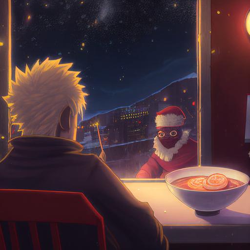 naruto sitting in a ramen stand with santa claus, view from behind, nighttime, 4k --v 4 --v 4