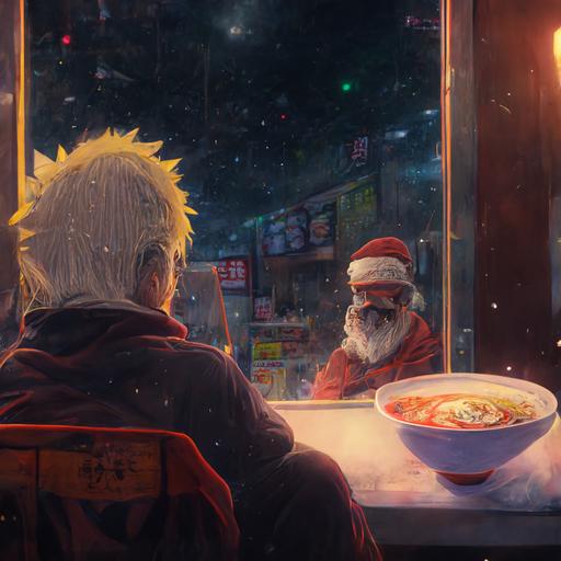 naruto sitting in a ramen stand with santa claus, view from behind, nighttime, 4k --v 4 --v 4
