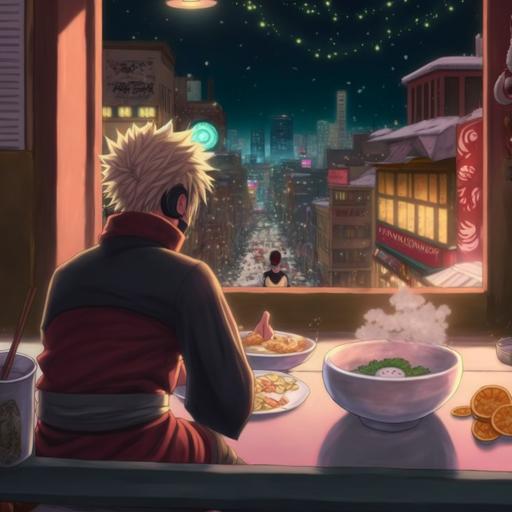 naruto sitting in a ramen stand with santa claus, view from behind, nighttime, 4k --v 4 --v 4