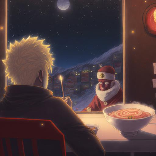 naruto sitting in a ramen stand with santa claus, view from behind, nighttime, 4k --v 4 --v 4