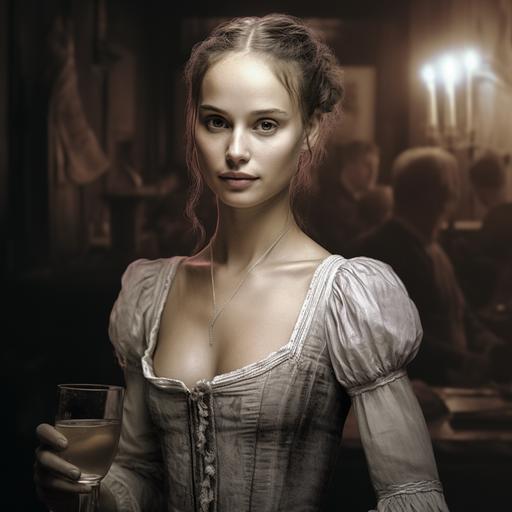 natalie portman by rembrandt, thin delicate pencil lines depicting bragging female bartender. Black and white inc drawing. ultra thin lines