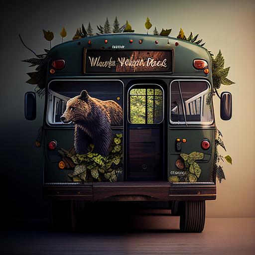 national forest themed party bus, forest foliage on outside of bus, lumberjack themed skin, black bear animal hanging popping outside of back window of bus, national forest sign on outside of bus, bus in city setting