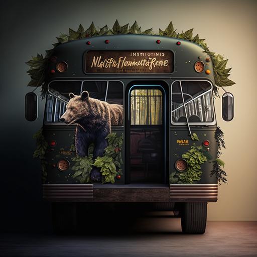 national forest themed party bus, forest foliage on outside of bus, lumberjack themed skin, black bear animal hanging popping outside of back window of bus, national forest sign on outside of bus, bus in city setting