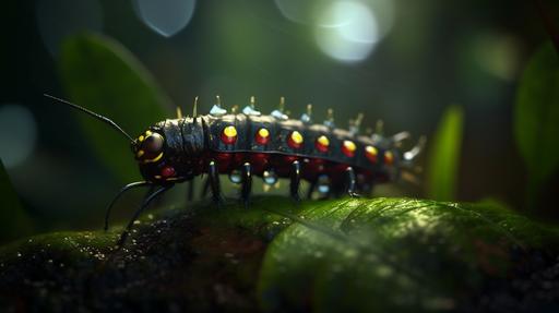 national geographic FASHION shot, tilt-shift, mech warrior Banded Swallowtail Butterfly Caterpillar on a water drop-covered leaf in the rain forest against a backlit jungle background, big water drops with magnified images inside, warrior helmet and armor, intensely bright beams of sunlight through the forest above, translucent body segment with suspended liquid, digital red eyes that glow, splash of red and bright glowing teal, White Balance, Cinematic Lighting, Studio Lighting, Contre-Jour, Screen Space Global Illumination, Chr Aberration omatics, GB displacement, incredibly detailed and intricate, elegant, photorealistic, --ar 16:9 --v 5