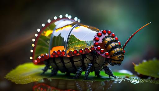 national geographic shot, tilt-shift, mech warrior Banded Swallowtail Butterfly Caterpillar on a water drop-covered leaf in the rain forest against a backlit jungle background, big water drops with magnified images inside, warrior helmet and armor, intensely bright beams of sunlight through the forest above, translucent body segment with suspended liquid, digital red eyes that glow, splash of red and bright glowing teal, White Balance, Cinematic Lighting, Studio Lighting, Contre-Jour, Screen Space Global Illumination, Chr Aberration omatics, GB displacement, incredibly detailed and intricate, elegant, photorealistic, --ar 16:9 --v 4