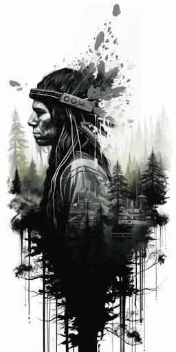 native american silhouette, negative space, my mind is ranking the reality up and down, forest, mega city image in shades of grey , hi-quality, very detailed, arboreal --ar 1:2