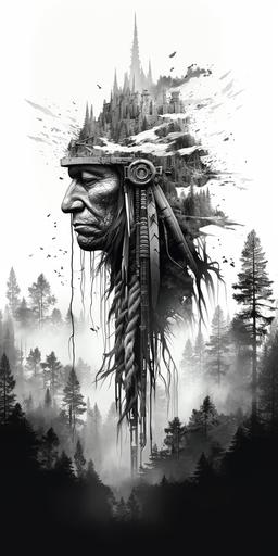 native american silhouette, negative space, my mind is ranking the reality up and down, forest, mega city image in shades of grey , hi-quality, very detailed, arboreal --ar 1:2