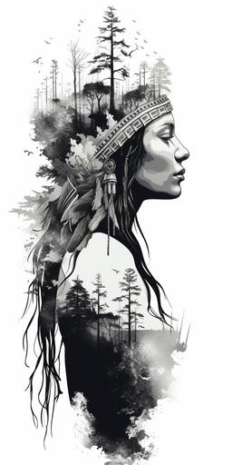 native american silhouette, negative space, my mind is ranking the reality up and down, forest, mega city image in shades of grey , hi-quality, very detailed, arboreal --ar 1:2