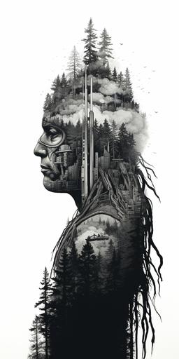 native american silhouette, negative space, my mind is ranking the reality up and down, forest, mega city image in shades of grey , hi-quality, very detailed, arboreal --ar 1:2