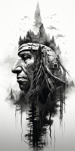 native american silhouette, negative space, my mind is ranking the reality up and down, forest, mega city image in shades of grey , hi-quality, very detailed, arboreal --ar 1:2