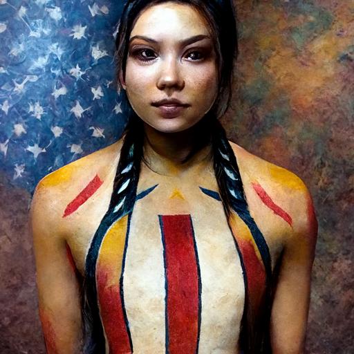 native american woman, american flag, body paint, photo realistic