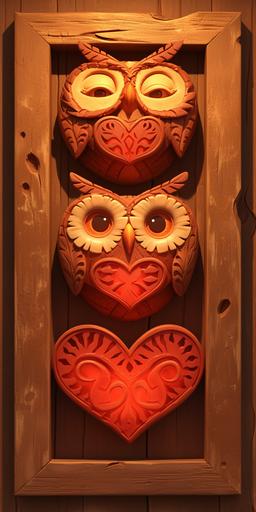native american wooden totem Whimsical magic patterns cute happy horned owl Family Portrait art, happy, laughing, ecliptic giant moon, in the style of Andy Kehoe and Ruth Thompson, cartoon, stylized, Pixar, Picasso, intricate detail, stained glass --chaos 10 --ar 1:2 --stylize 500 --niji 6