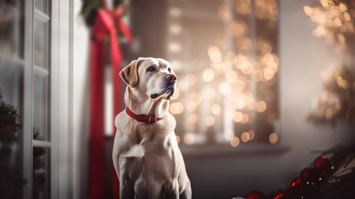 Award-winning bright ultrarealistic photo, bright white light home environment background::2.2 alert blond labrador retriever service dog wearing a red service dog harness, looking at camera, shallow depth of field::2.5 8k UHD, Canon EOS R6, Sony a7 IV enhanced image::2 --ar 16:9