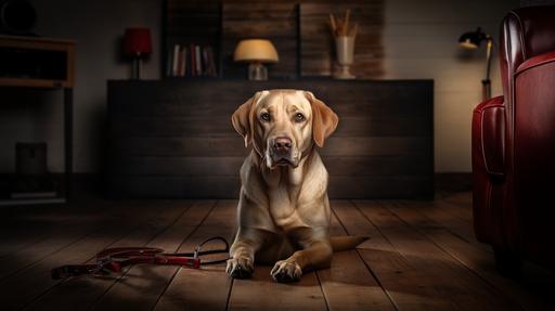 Award-winning bright ultrarealistic photo, bright all-white home environment background::2 alert blond labrador retriever service dog wearing a red service dog harness, looking at camera, shallow depth of field::2.5 8k UHD, Canon EOS R6, Sony a7 IV enhanced image::2 background wheelchair, crutches::1.2 --ar 16:9