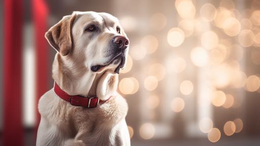 Award-winning bright ultrarealistic photo, bright white light home environment background::2.2 alert blond labrador retriever service dog wearing a red service dog harness, looking at camera, shallow depth of field::2.5 8k UHD, Canon EOS R6, Sony a7 IV enhanced image::2 --ar 16:9