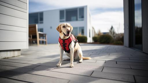 Award-winning bright ultrarealistic photo of alert blond labrador retriever service dog wearing a red service dog harness, looking at camera, bright white home environment background, shallow depth of field, 8k UHD, Canon EOS R6, Sony a7 IV,, wheelchair, crutches, enhanced image:: --ar 16:9