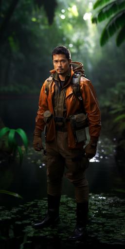 Sci-fi TV show character, full body costume reference photos, outdoor tropical scene, cinematic:: man, mixed race Korean and north African, age 45, very short hair:: futuristic forest ranger uniform and boots, high-tech duffel bag:: warm, kind, smart, cousin to John Cho and Jesse Williams and Michael Nouri and Brandon Lee