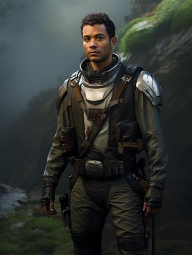 Sci-fi TV show character, full body costume reference photos, outdoor tropical scene, cinematic:: man, mixed race Korean and north African, age 45, very short hair:: futuristic forest ranger uniform and boots, high-tech duffel bag:: warm, kind, smart, scifi action hero --ar 3:4