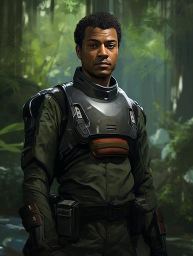 Sci-fi TV show character, full body costume reference photos, outdoor tropical scene, cinematic:: man, mixed race Korean and north African, age 45, very short hair:: futuristic forest ranger uniform and boots, high-tech duffel bag:: warm, kind, smart, black action hero --ar 3:4
