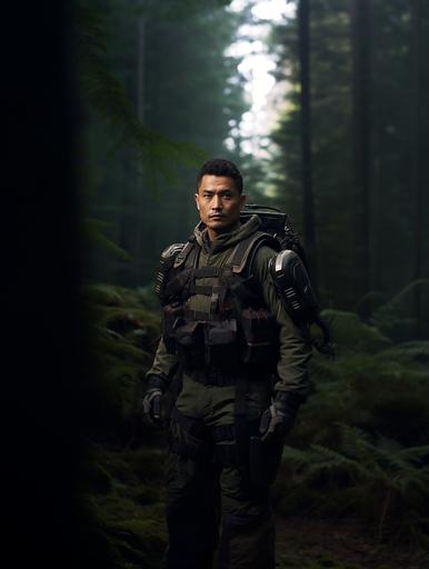 Sci-fi TV show character, full body costume reference photos, outdoor tropical scene, cinematic:: man, mixed race Korean and north African, age 45, very short hair:: futuristic forest ranger uniform and boots, high-tech duffel bag:: warm, kind, smart, cousin to John Cho and Jesse Williams and Michael Nouri and Brandon Lee --ar 3:4