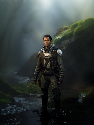 Sci-fi TV show character, full body costume reference photos, outdoor tropical scene, cinematic:: man, mixed race Korean and north African, age 45, very short hair:: futuristic forest ranger uniform and boots, high-tech duffel bag:: warm, kind, smart, scifi action hero --ar 3:4