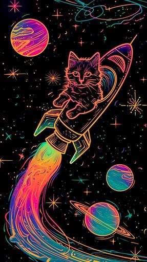Vaporwave poster of neon outline [cute cat in a rocketship] flying through space, stars and planets, charming::1.1 --ar 9:16 --v 6.0