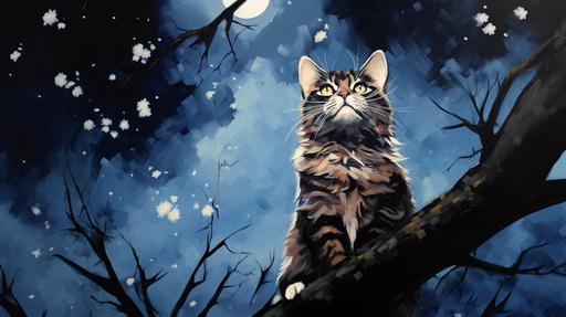 beautiful anime cat looking up with raised front paw::1.5 full moon, night sky full of wonder, few clouds, tree silhouettes, surreal, pointillism, watercolor and acrylic, brilliant colors, Marchetti, Van Gogh::1 --ar 16:9