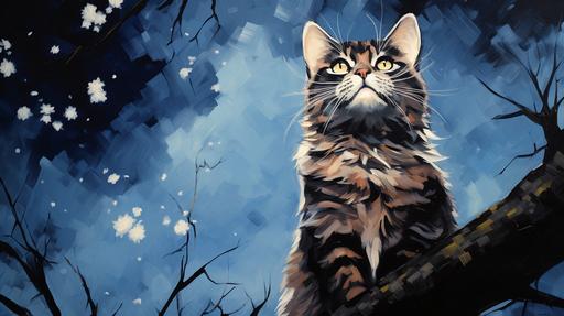 beautiful anime cat looking up with raised front paw::1.5 full moon, night sky full of wonder, few clouds, tree silhouettes, surreal, pointillism, watercolor and acrylic, brilliant colors, Marchetti, Van Gogh::1 --ar 16:9