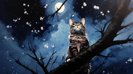 beautiful anime cat looking up with raised front paw::1.5 full moon, night sky full of wonder, few clouds, tree silhouettes, surreal, pointillism, watercolor and acrylic, brilliant colors, Marchetti, Van Gogh::1 --ar 16:9