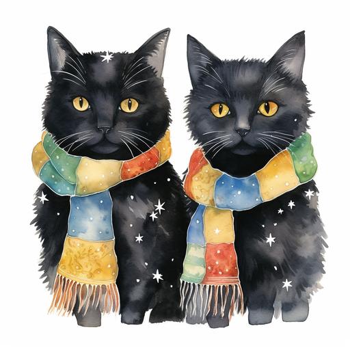 card design, watercolor, two friendly black cats, naturalistic, rainbow-colored winter scarf, holiday, 2d flat, stars, minimalist