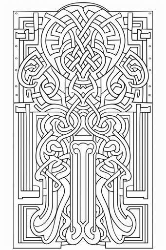 coloring page for adults, black lines, medium detail, white background, Celtic design, fantasy art, minimalist, 2d, animated gifs, coloring-in page, clip art, book of kells::1.1 --no people, shade, shadow, fill-in, pen, markers, colors --ar 2:3