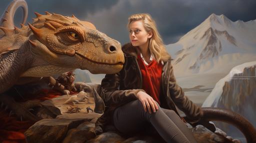 editorial photo, magazine photo, publicity still::1.2 Professional photo of New York art gallery show of fantasy paintings of dragons of the world::1.5 photo of a smiling blonde woman artist at an art show, volumetric lighting, messy bun hair, winter cashmere sweater, black pants, boots::1.7 --ar 16:9 --s 20