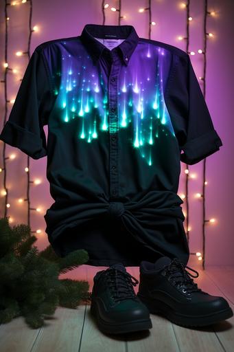 flatlay product photo, black t-shirt design, jade and ultraviolet northern lights diagonal over silhouette trees:: --no people --ar 2:3 --s 450