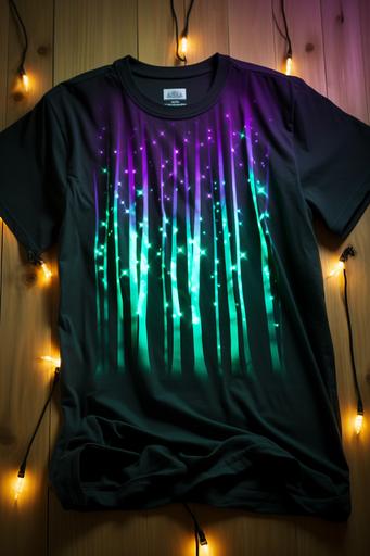 flatlay product photo, black t-shirt design, jade and ultraviolet northern lights streaks over silhouette trees:: --no people --ar 2:3 --s 450