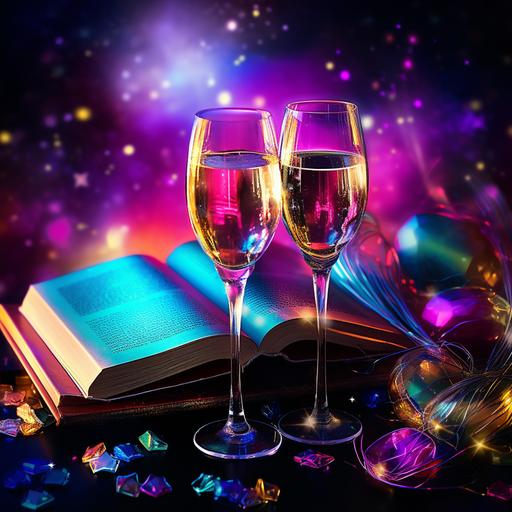 futuristic celebration, bright colors, champagne celebration, book, new year, sparklecore, spacecore --no people, astronaut, spacesuit