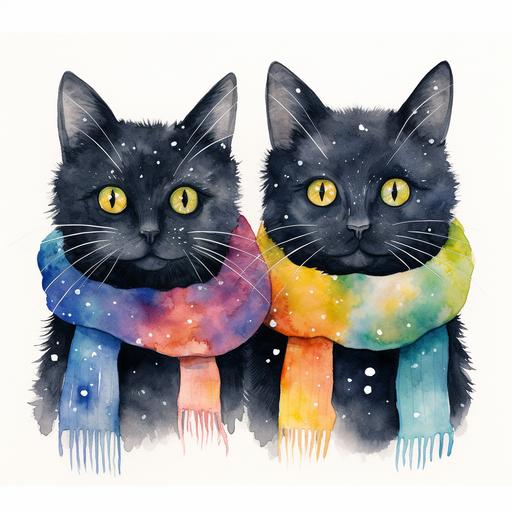 minimalist card design, watercolor, two black cats, rainbow-colored winter scarf, holiday, 2d flat, stars