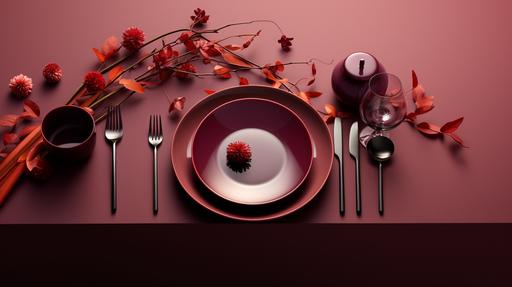 minimalist futuristic autumn red and purple dinner table, Thanksgiving, two-tone shades:: --ar 16:9