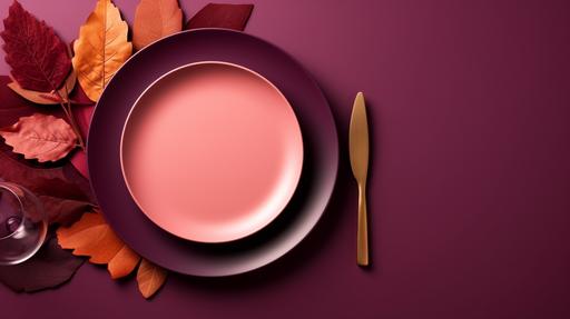 minimalist futuristic autumn red and purple dinner table, flat-lay, Thanksgiving, two-tone shades, copy space:: --ar 16:9