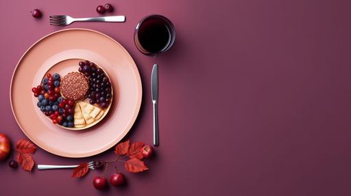 minimalist futuristic autumn red and purple dinner table, flat-lay, Thanksgiving, two-tone shades, copy space, plate with ham, cranberries, potatoes, pie:: --ar 16:9