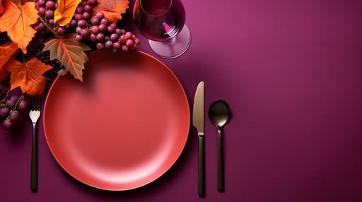 minimalist futuristic autumn red and purple dinner table, flat-lay, Thanksgiving, two-tone shades, copy space:: --ar 16:9
